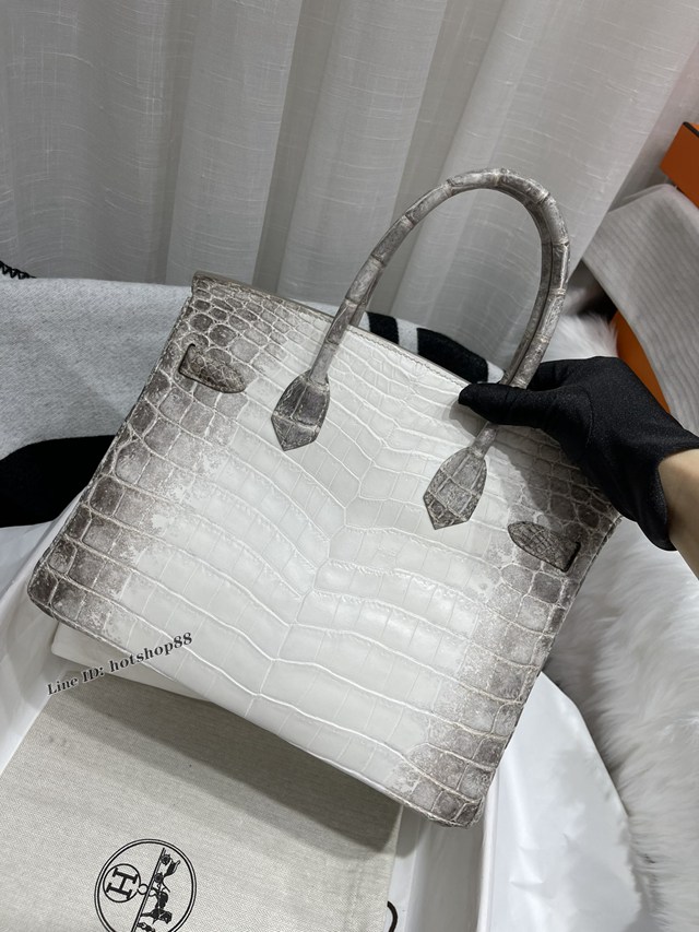 Hermes專櫃鉑金手提女包 愛馬仕Birkin30喜馬拉雅白尼羅鱷蜜蠟線全手工縫製手袋 zhh1088